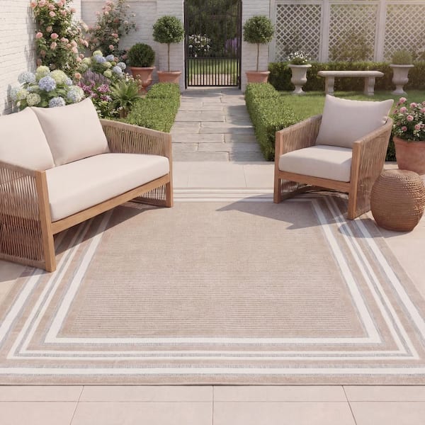 Cabana Beige/Ivory 8 ft. x 10 ft. Striped Border Indoor/Outdoor Area Rug