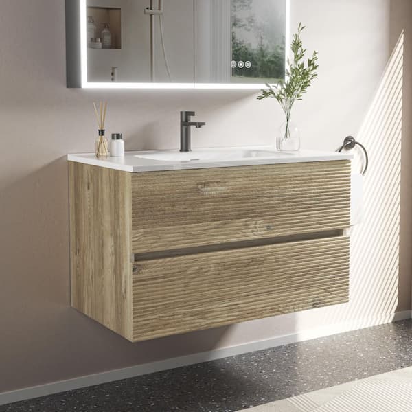 30 in. Modern Single Sink Floating Rough Oak Bath Vanity with White Ceramic Top