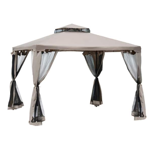 Brown 9.6 ft. x 9.6 ft. Patio Gazebo, Outdoor Canopy Shelter with 2-Tier Roof and Netting, Steel Frame for Garden