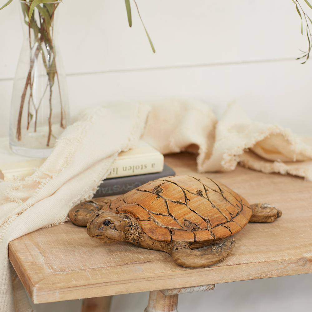Hand-Carved Brown Wood Coastal Turtle Sculpture