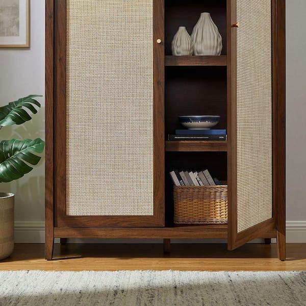 MODWAY Calista Walnut Brown 79 in. Wide Rattan Arched Accent