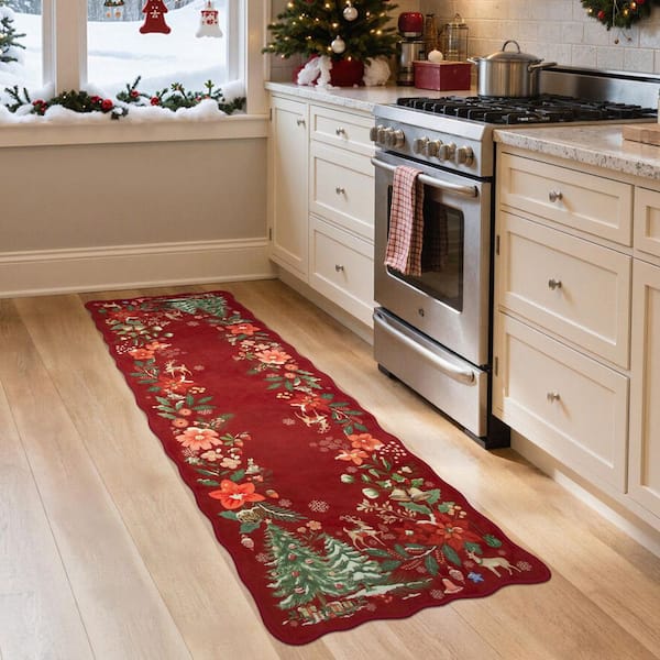 Washable Christmas Vintage Floral Scalloped Non Slip 2 ft. x 6 ft. Beige Entryway Kitchen Indoor Runner Rug