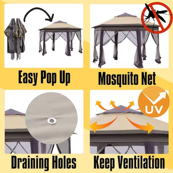 13 ft. x 13 ft. Pop Up Gazebo, Hexagonal Canopy Shelter with 6 Zippered Mesh Netting, Event Tent with Strong Steel Frame