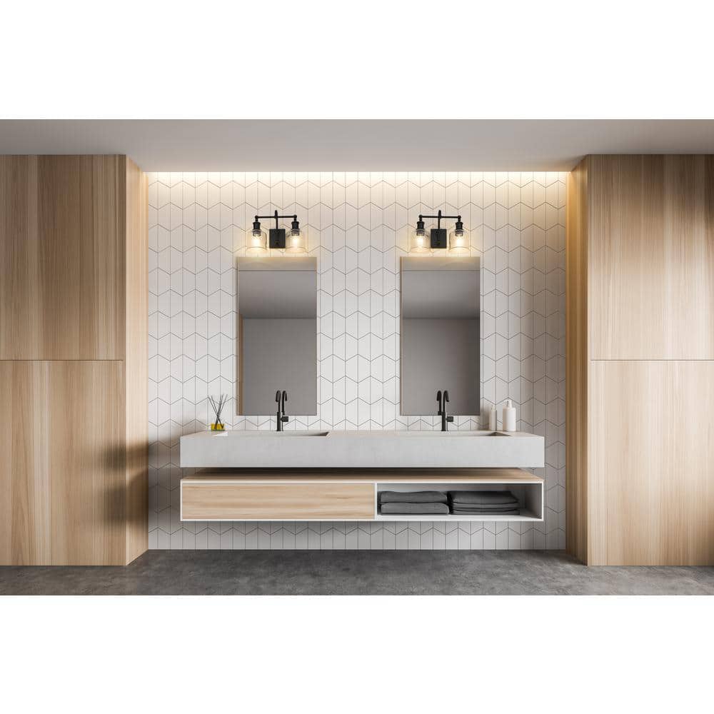 Bryant Matte Black 2-Light Vanity with Clear Seedy Glass Shades