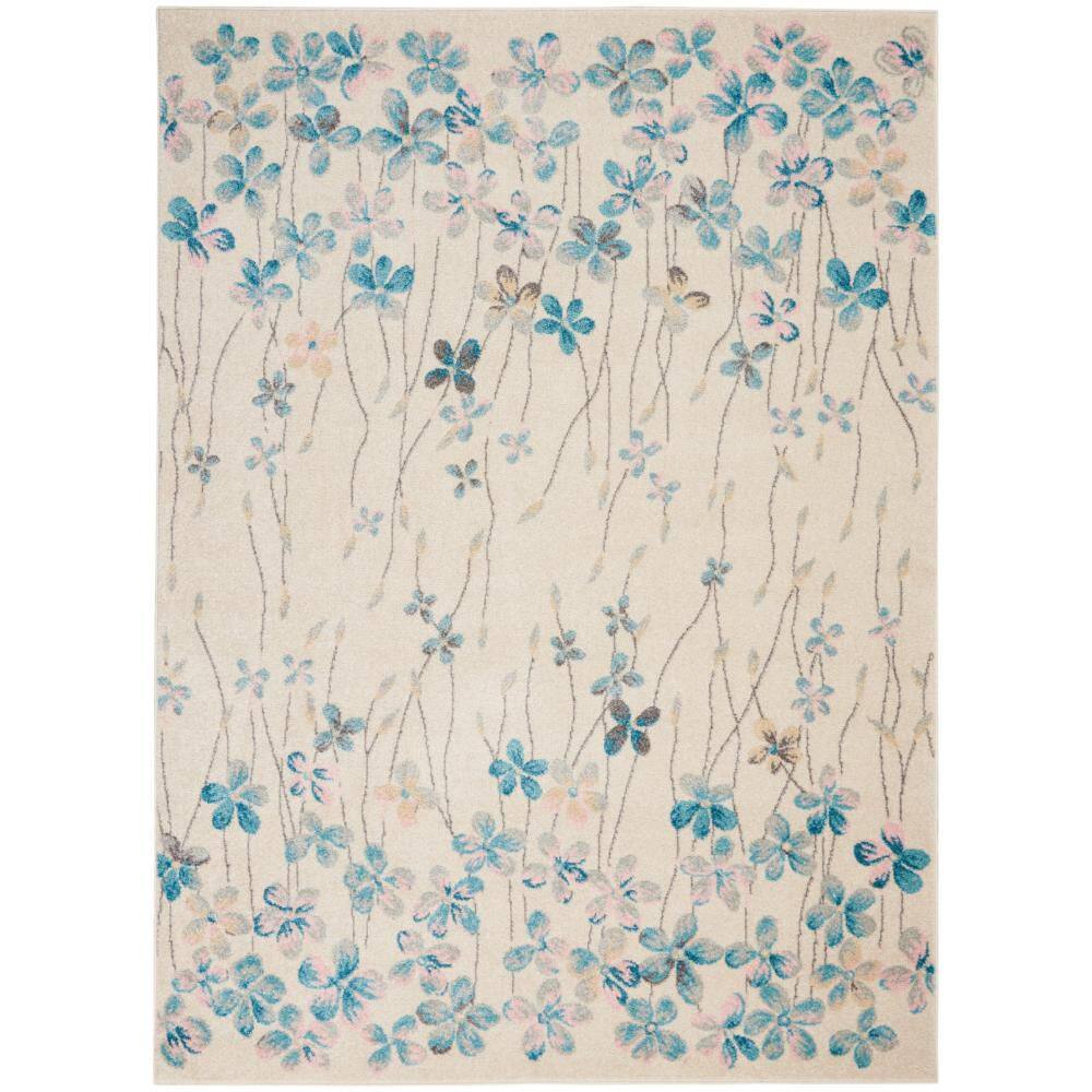 HomeRoots 5 ft. x 7 ft. Ivory And Blue Floral Area Rug 2000550898 - The ...