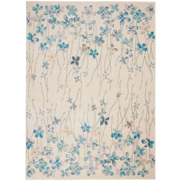 HomeRoots 5 ft. x 7 ft. Ivory And Blue Floral Area Rug 2000550898 - The ...