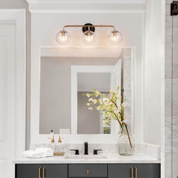 Modern 24.5 in. 3-Light Vintage Gold Vanity Light Linear Wall Sconce with Black Accents and Seeded Glass Globe Shades