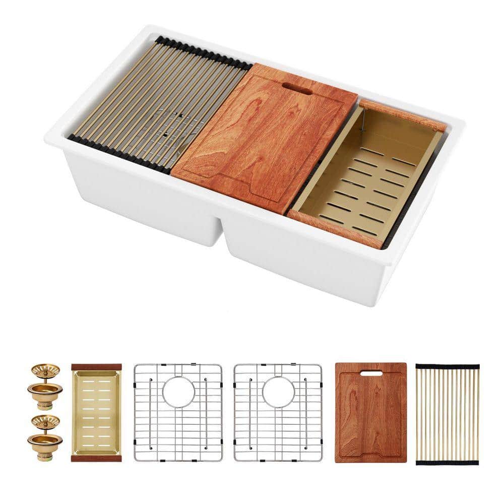 ちきんむ Kichae 33 in. Undermount 50/50 Double Bowl Workstation Kitchen