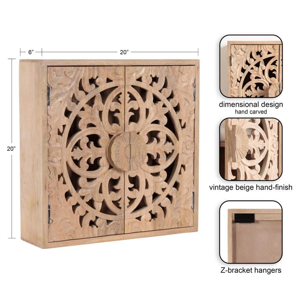 Saanvi Light Natural Mango Wood Carved Wall Cabinet, 20" x 6" x 20"