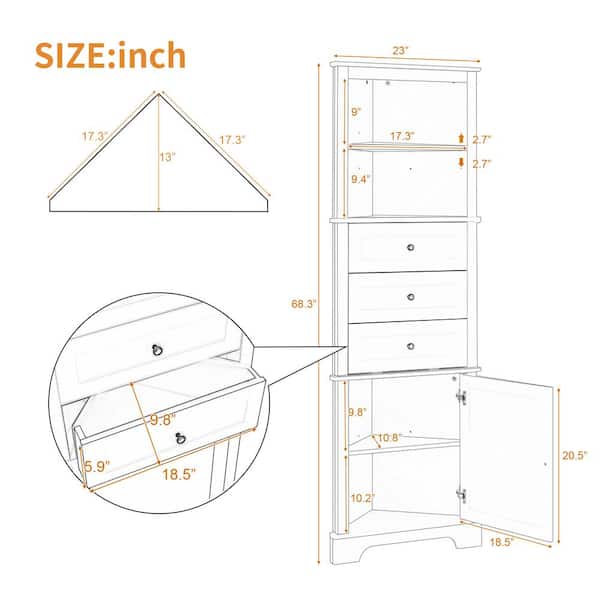 23 in. W x 13.4 in. D x 68.9 in. H White Linen Cabinet with