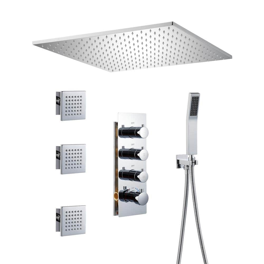 Large Chrome Dual Square Ceiling Mounted Shower System with Body Jets