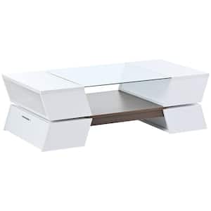 44.8 in. White Rectangle Shape Glass Top Coffee Table with Open Shelves,Cabinets and Great Storage Capacity