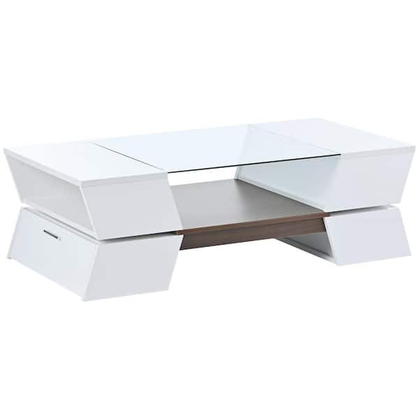 Polibi 44.8 in. White Rectangle Shape Glass Top Coffee Table with Open Shelves,Cabinets and Great Storage Capacity