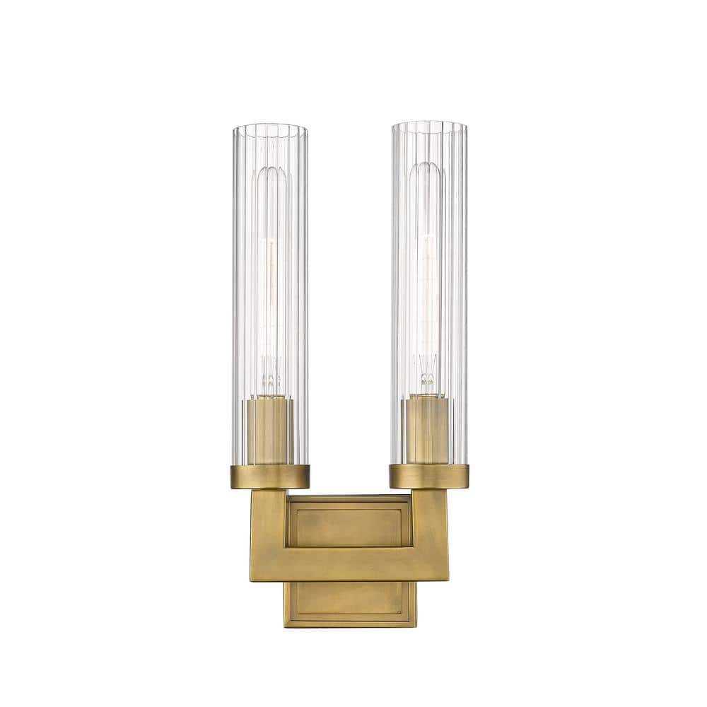 Elegant Rubbed Brass 2-Light Wall Sconce with Textured Glass Shades