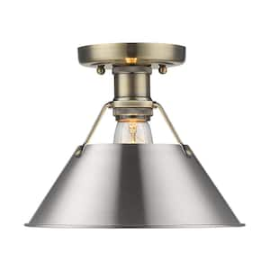 Orwell 10 in. 1-Light Aged Brass with Pewter Shade Flush Mount