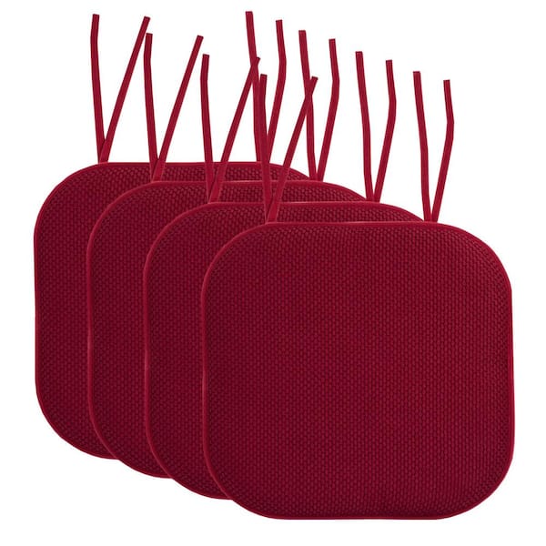 Sweet Home Collection Honeycomb Memory Foam Square 16 in. x 16 in. Non-Slip Back Chair Cushion with Ties (4-Pack), Wine