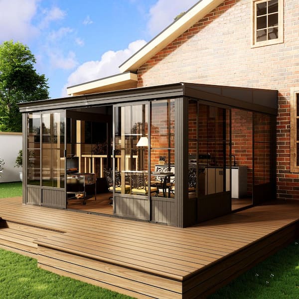 12 ft. x 14 ft. Wall Mounted Sunroom, All-Season Solarium with Detachable Windows & Lockable Sliding Door