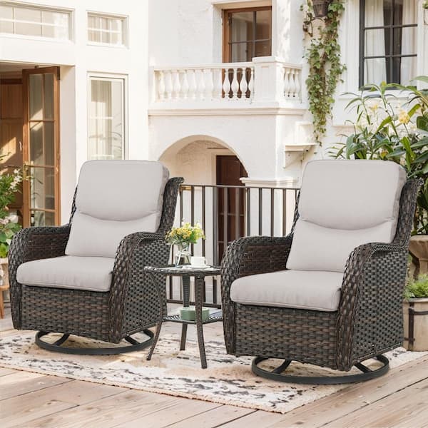 Crescent 3-Piece Brown Wicker Swivel Outdoor Rocking Chairs Patio Conversation Set with CushionGuard Beige Cushions