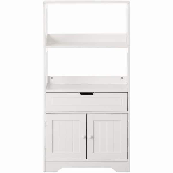 Basicwise Modern White Standing Bathroom Tall Linen Tower Storage Cabinet, Wide