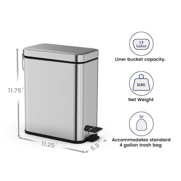 Innovaze 1.3 gal. Slim Trash Can, Stainless Steel Step on Bathroom and Office Garbage Can in Brilliant Silver Finish