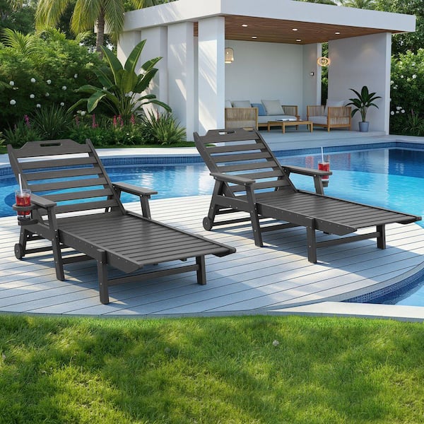 Set of 2 HDPE Oversized Dark Gray Adjustable Outdoor Chaise Lounge