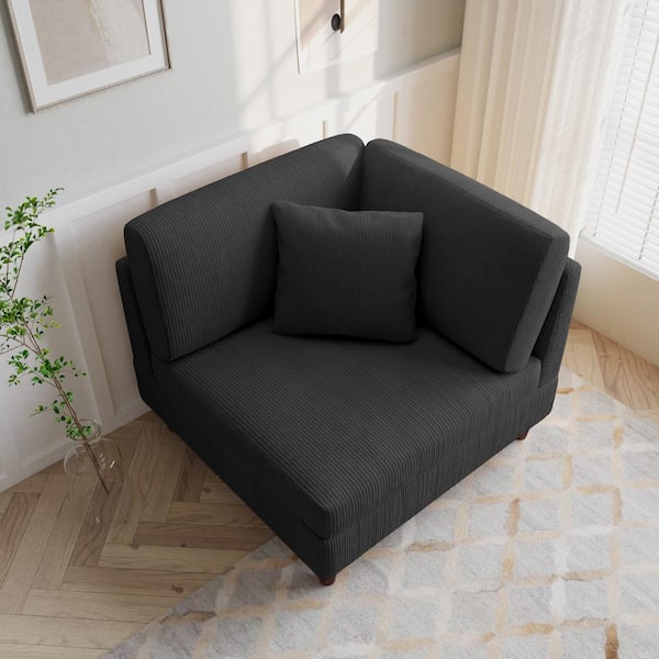 Uixe Gray Corduroy Fabric Right Arm Facing Sectional Corner Arm Chair with Wood Legs (Set of 1)