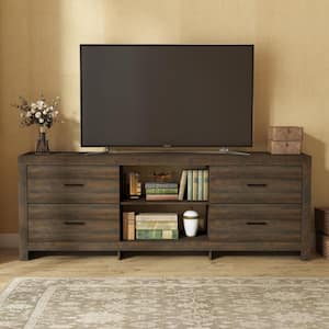 Sturdy Brown Wood TV Stand Media Console Cabinet in American Country Style with Drawers Fits TV's Up to 80 in.