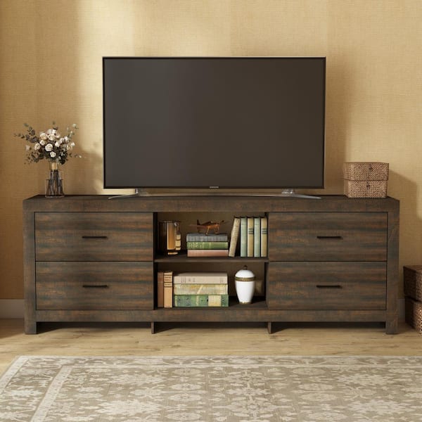 FUFU&GAGA Sturdy Brown Wood TV Stand Media Console Cabinet in American Country Style with Drawers Fits TV's Up to 80 in.