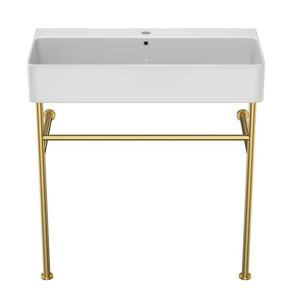 31.5 in. L X 16.3 W White Ceramic Rectangular Console Sink Basin and Leg Combo with Overflow and Gold Legs