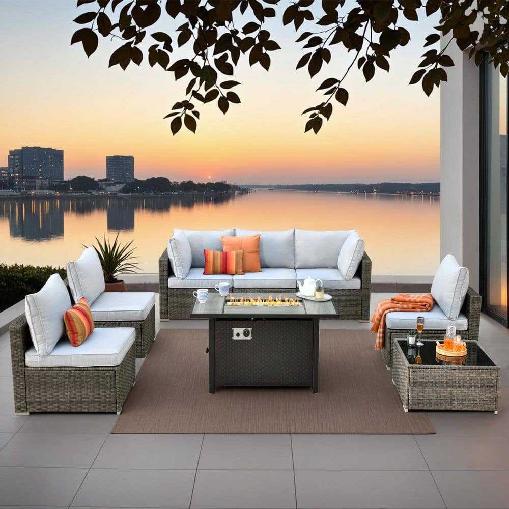 Sanibel Gray 8-Piece Wicker Patio Conversation Sofa Sectional Set with a Metal Fire Pit and Light Gray Cushions