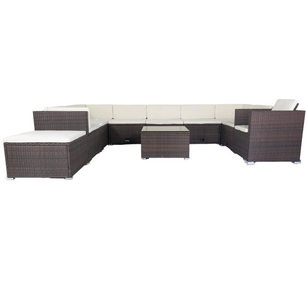 Brown 11-Piece Wicker Outdoor Patio 10 Seater Sectional Set with 3 Storage Box Under Seat and White Cushions