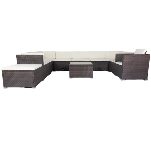 Unbranded Brown 11-Piece Wicker Outdoor Patio 10 Seater Sectional Set with 3 Storage Box Under Seat and White Cushions