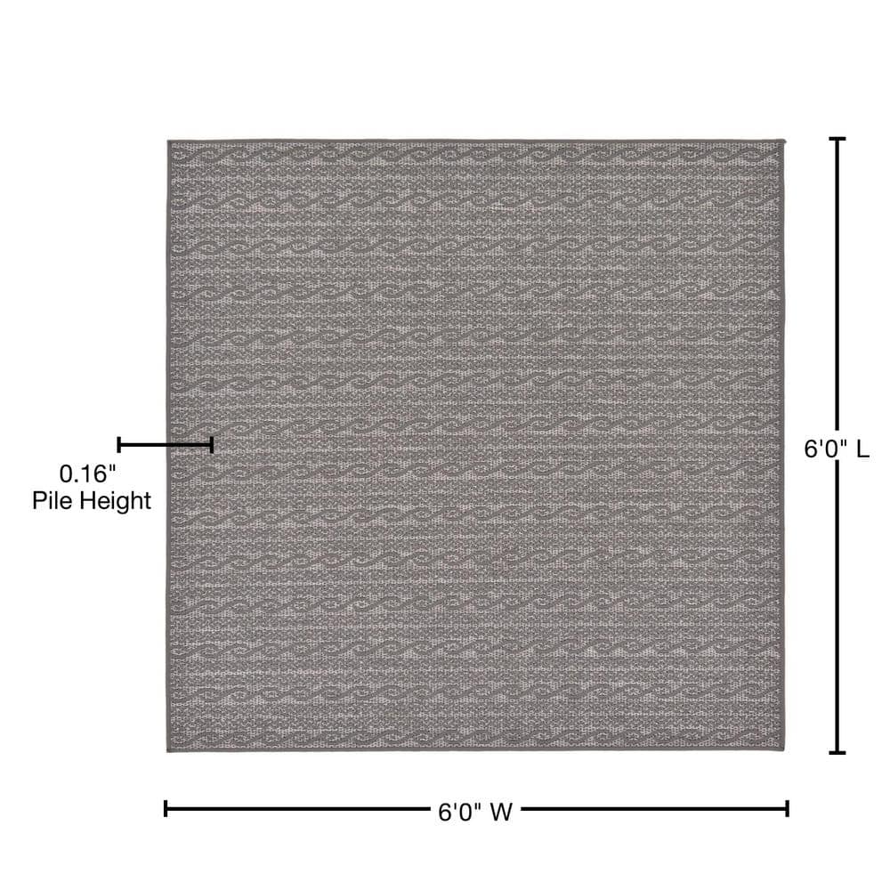 Easy-Care Reversible Gray Stripe Outdoor Square Rug 6'x6'
