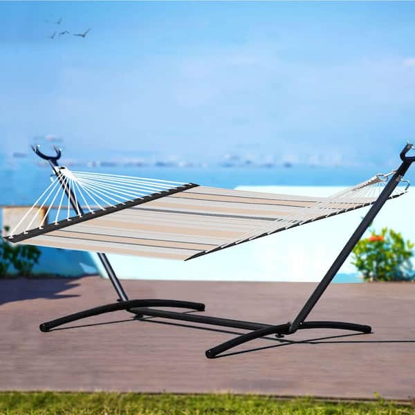 PATIOGUARDER 2-Person Outdoor Quick Dry Folding Portable Teslin Hammock in Beige and Black Stripes