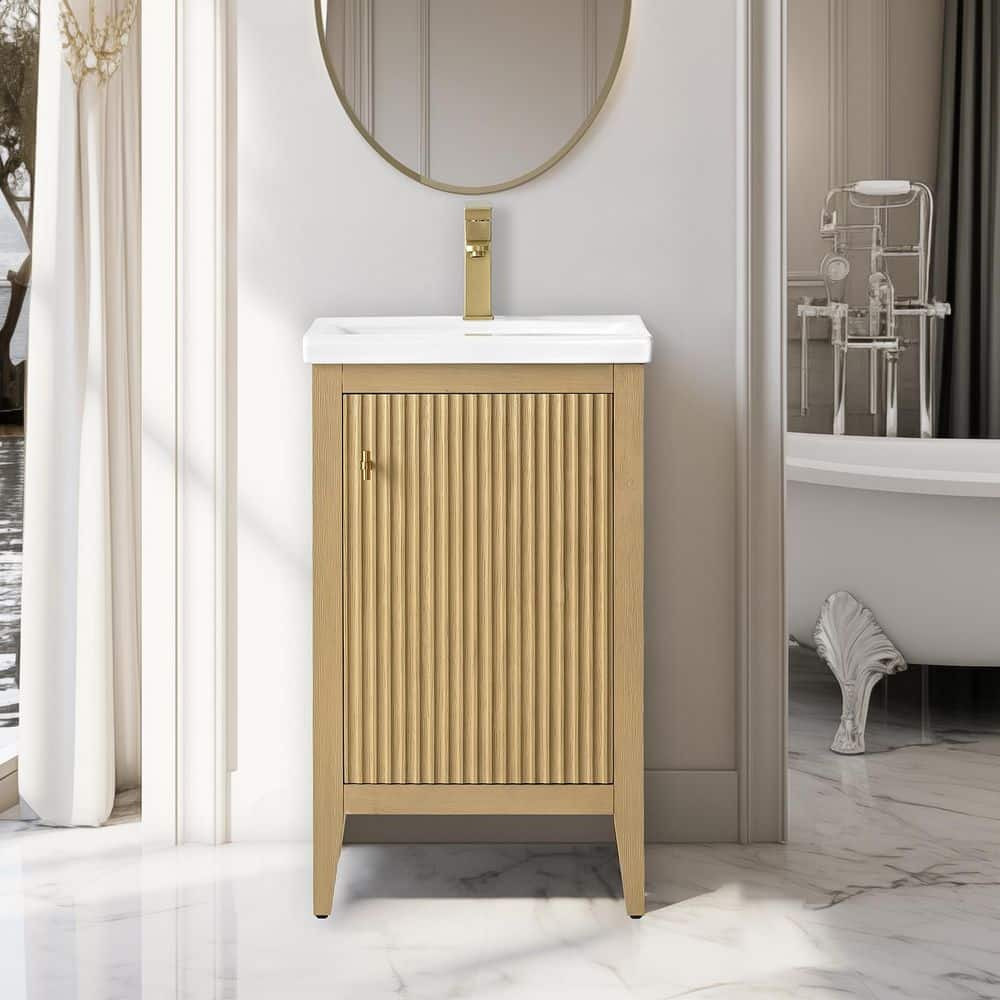 Vanity Art Laval 20 in. W Single Sink Freestanding Natural Oak Bathroom Vanity with White Ceramic Top, Assembled