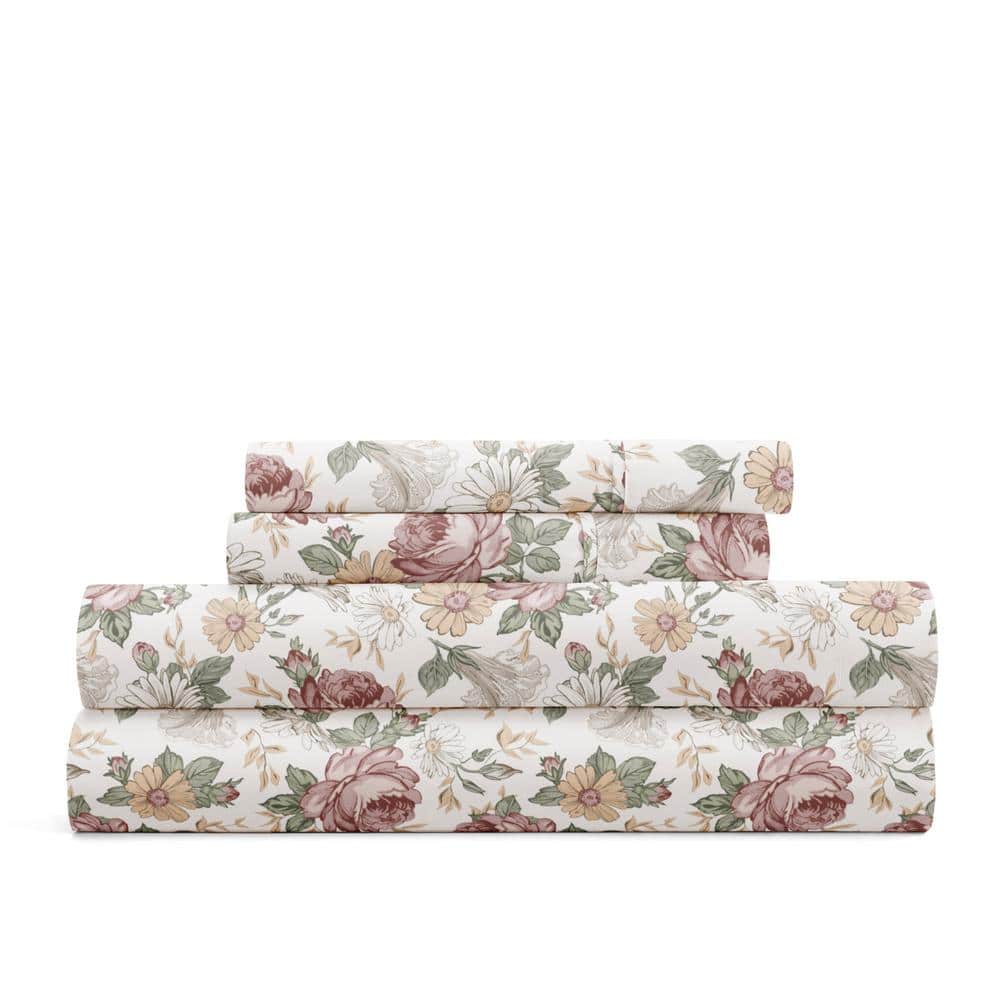 King Ivory Floral Microfiber Sheet Set with 16-inch Pocket Depth