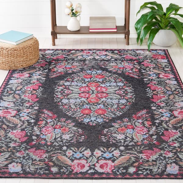 Besarabian Black/Sage 7 ft. x 7 ft. Machine Washable Border Floral Square Area Rug