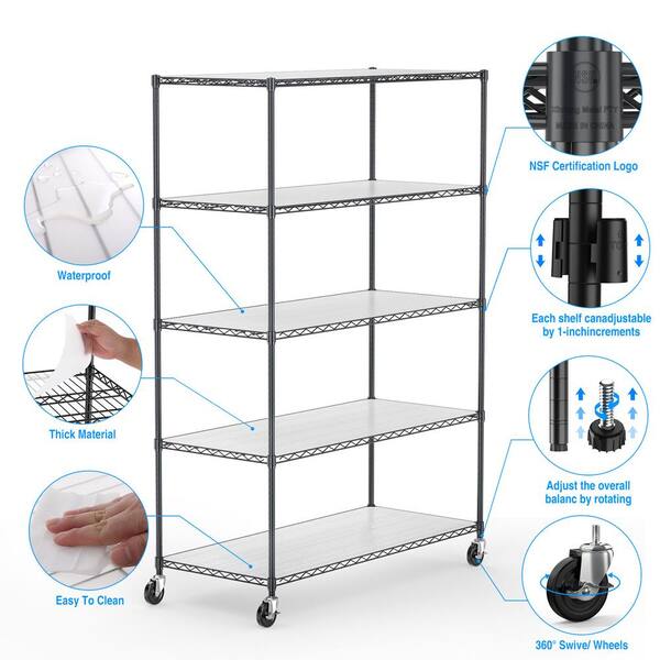 48.00 in. W Chrome 5-Tier Metal Pantry Organizer, Adjustable Metal Storage Shelves with Wheels