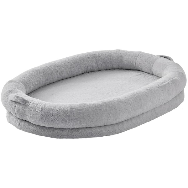 SKYSHALO Human Dog Bed, 72x48x10 in. Human Dog Bed for Adult, Human Size Dog Bed with Washable Faux Rabbit Fur Cover, Light Grey