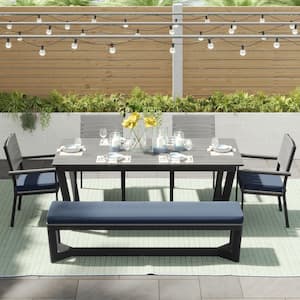 Orville Gray 6-Piece Aluminum Outdoor Dining Set with Navy Blue Cushions
