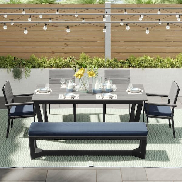 CORVUS Orville Gray 6-Piece Aluminum Outdoor Dining Set with Navy Blue Cushions