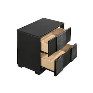 Reza Modern 2-Drawers Black Wood Nightstand with Textured Felt Lined (23.5 in. H x 25 in. W x 15.25 in. L)