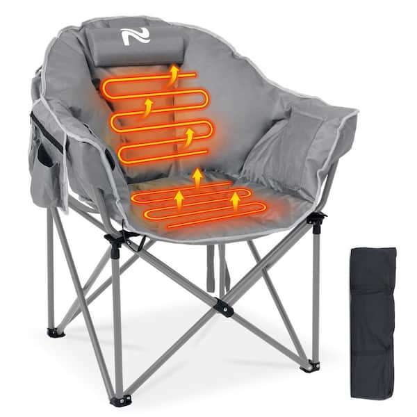 BOZTIY Oversized Heated Camping Chair w/3 Heat Levels Portable Folding Heated Chair Round Moon Saucer Folding Lawn Chair, Gray
