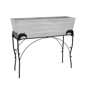 30 in. H Rectangular Cape Cod White Galvanized Steel Indoor Outdoor Large Flower Box with Black Wrought Iron Flora Stand