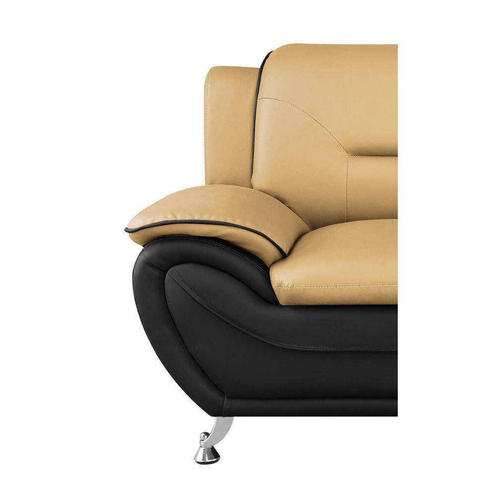 Camel and Black Faux Leather Tufted Loveseat with Pillow Top Arms