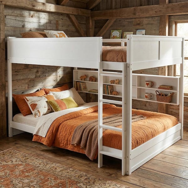 VECELO Queen Over Queen Bunk Bed with Bookcase Storage and USB