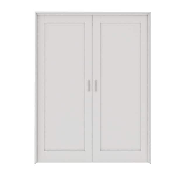 48 in. x 80in. 1-Panel Frosted Glass Universal White Solid Core Wood Double Prehung French Door+Separate Jamb&Ball Catch