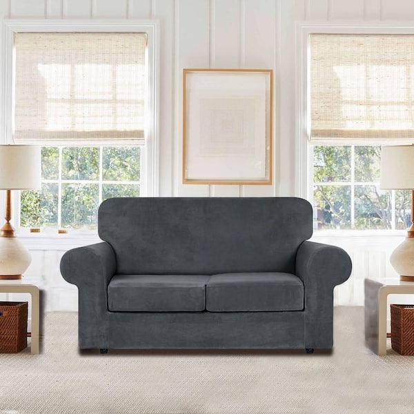 3-Piece Dark Grey Velvet High Stretch Couch Slipcovers for 2-Cushion Sofa with Non Slip Elastic Bottom Protector