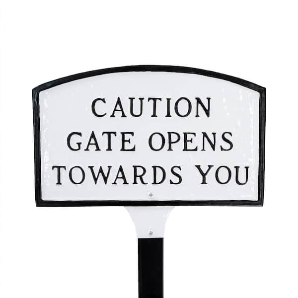 Montague Metal Products 5.5 in. x 9 in. Small Arch Caution Gate Opens Towards You Statement Plaque Sign with Lawn Stake - White/Black