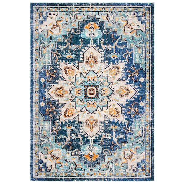 SAFAVIEH Madison Blue/Light Blue Doormat 2 ft. x 4 ft. Border Geometric Floral Medallion Area Rug